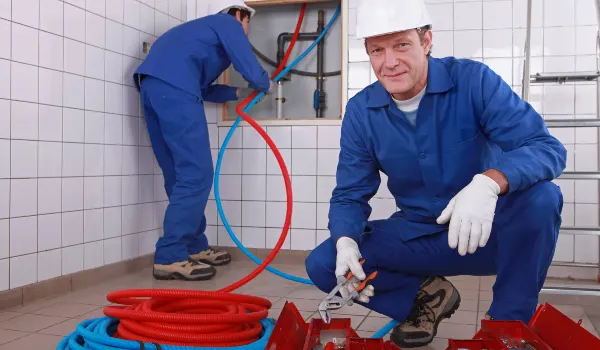 a male plumber fixing a bathroom faucet