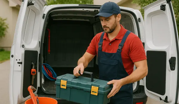 a plumbing technician putting his toolbox back in his van a plumbing technician putting his toolbox back in his van