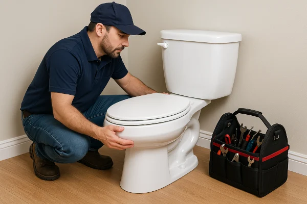 a plumber checking a toilet a plumber checking a toilet