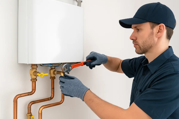 a plumber working on a tankless water heater a plumber working on a tankless water heater