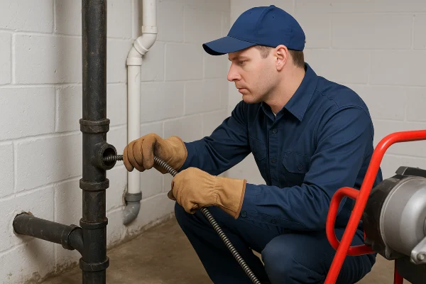 a plumber using a snake to clear a plumbing pipe a plumber using a snake to clear a plumbing pipe