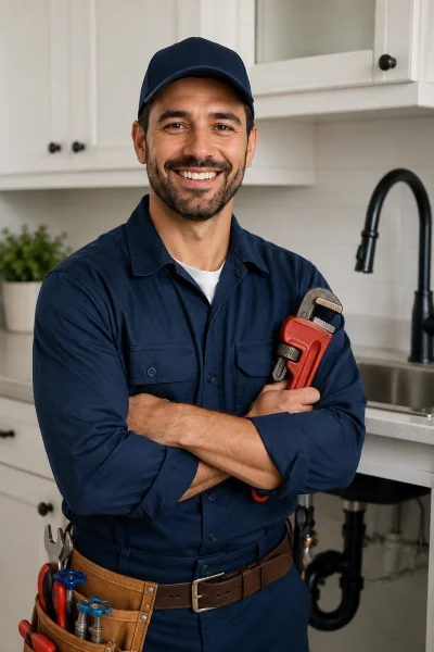 a male plumber smiling at the camera a male plumber smiling at the camera
